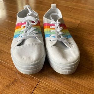 white shoes with rainbow stripes